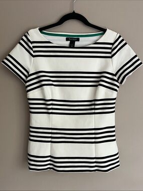 White House Black Market Black/White Stripe Short Sleeve Ponte Peplum Top size 8
